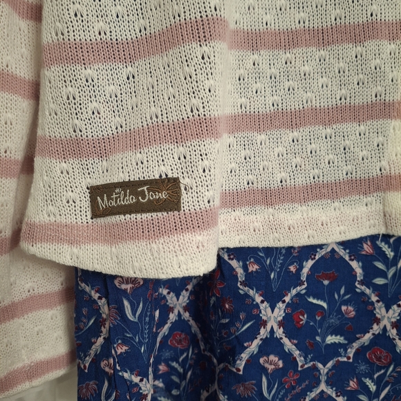 Matilda Jane Split Back Pink and White Striped Top with Blue Patterned Hem - Picture 4 of 6